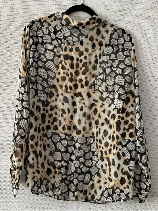 ASOS Leopard Print Mixed Pattern Button-Up Blouse in Black, White, Tan - Picture 3 of 7